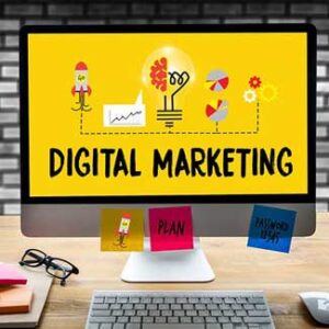 Computerbildschirm mit der Aufschrift „Digital Marketing“ und verschiedenen Marketing-Symbolen