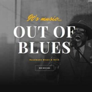 Dunkler Webseitenentwurf mit einem singenden Musiker und der großen Aufschrift Out of Blues
