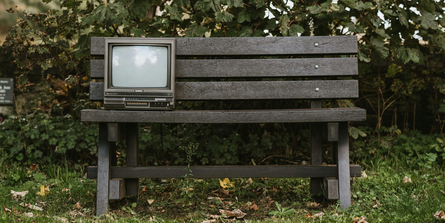 Alter Röhrenfernseher auf einer dunklen Parkbank zwischen Bäumen und Pflanzen