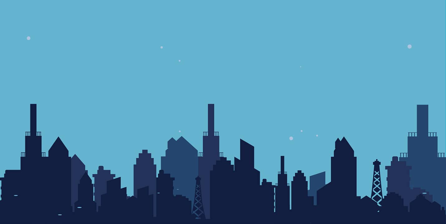 Lokales SEO für Unternehmen Illustration einer weitläufigen Stadtsilhouette mit Hochhäusern vor hellblauem Himmel