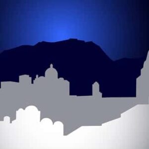 Abstrakte Silhouette einer Stadt mit unterschiedlich hohen Gebäuden vor dunkelblauem Hintergrund