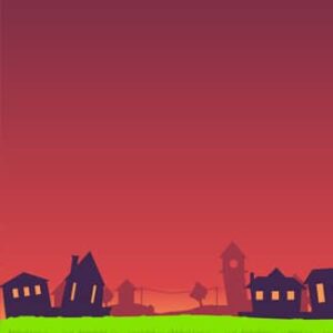 Dunkle Silhouetten von Häusern und einem Kirchturm vor einem rot-orangefarbenen Himmel