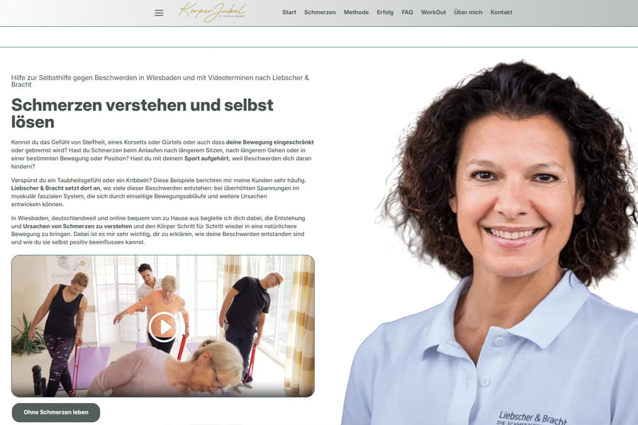 Screenshot der Körperjubel Webseite als Referenz für einen persönlichen Onepager zu Schmerzen, Bewegung und Selbsthilfe in Wiesbaden