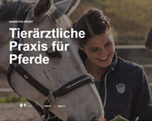 Startseite von Medizin Pro Pferd mit einer Tierärztin und einem Pferd sowie dem Hinweis auf die tierärztliche Praxis