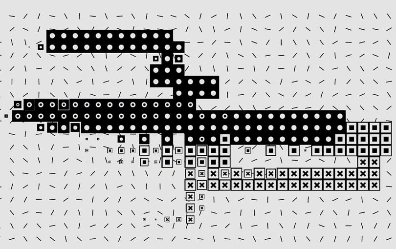 Kreative Struktur als Ausdruck durchdachten Webdesigns Abstrakte schwarz-weiße Pixelstruktur mit Punkten, Linien und geometrischen Formen als Symbol für kreative Ideen und technische Präzision im Webdesign