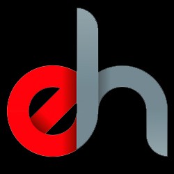 Logo von Elektro Heinemann mit abstraktem orangefarbenem und grauem Gebäudesymbol
