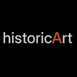 ALT-Beschreibung: Schriftlogo von historicArt Wiesbaden in Grau mit hervorgehobenem roten Buchstaben A auf schwarzem Hintergrund