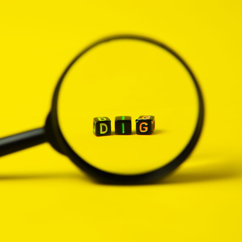 Lupe über Buchstabenwürfeln auf gelbem Hintergrund als Symbol für genaue Analyse und digitale Ideenentwicklung im Webdesign