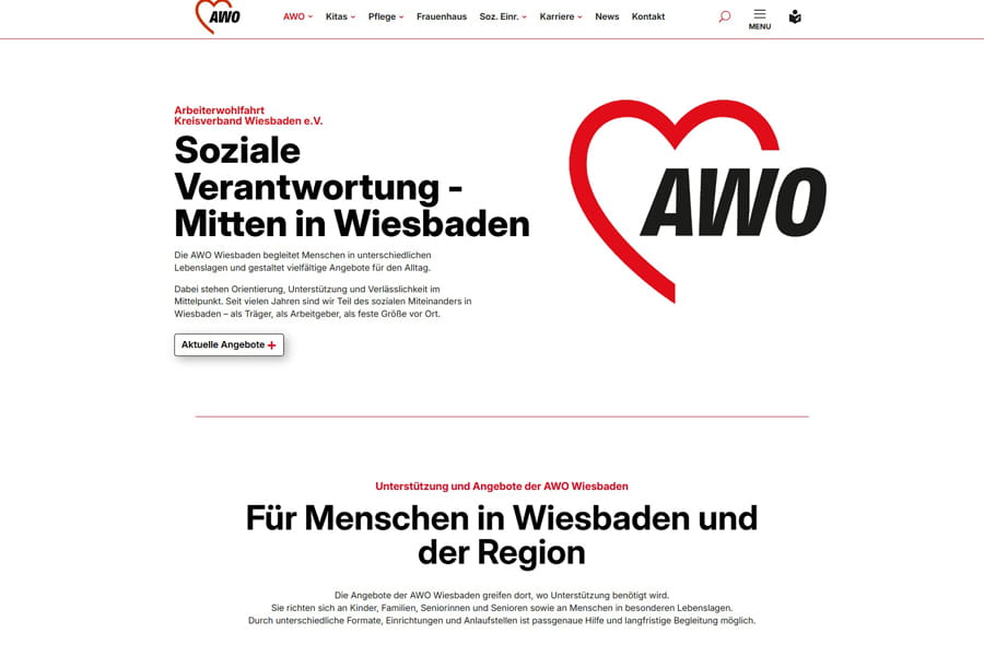 Screenshot der AWO Wiesbaden Webseite als Referenz für einen modernen Webseiten Relaunch eines großen sozialen Trägers in Wiesbaden