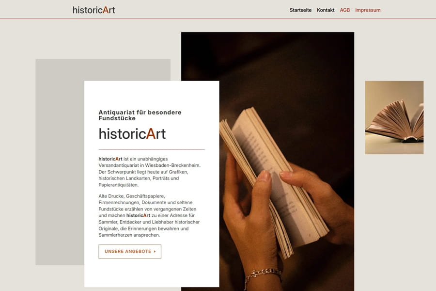 Screenshot der historicArt Webseite als Referenz für eine kleine moderne Website für ein Antiquariat mit Kunst, Grafiken und historischen Fundstücken