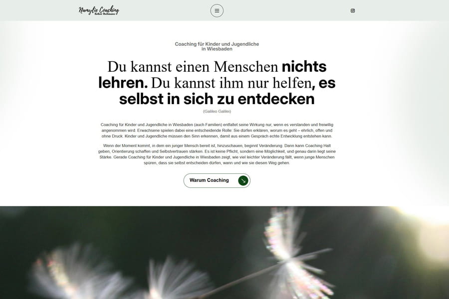 Screenshot der Namylie Coaching Webseite als Referenz für eine visuell eigenständige Coaching Website für Kinder, Jugendliche und Familien