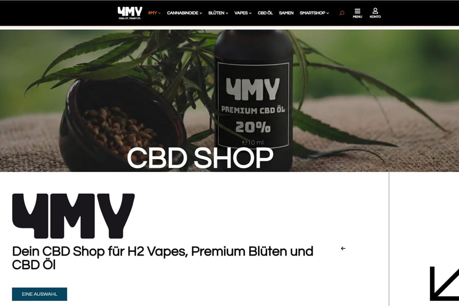 Screenshot des 4MY CBD Shops als Referenz für einen modernen Onlineshop mit urbanem Design, klarer Produktstruktur und SEO Ausrichtung
