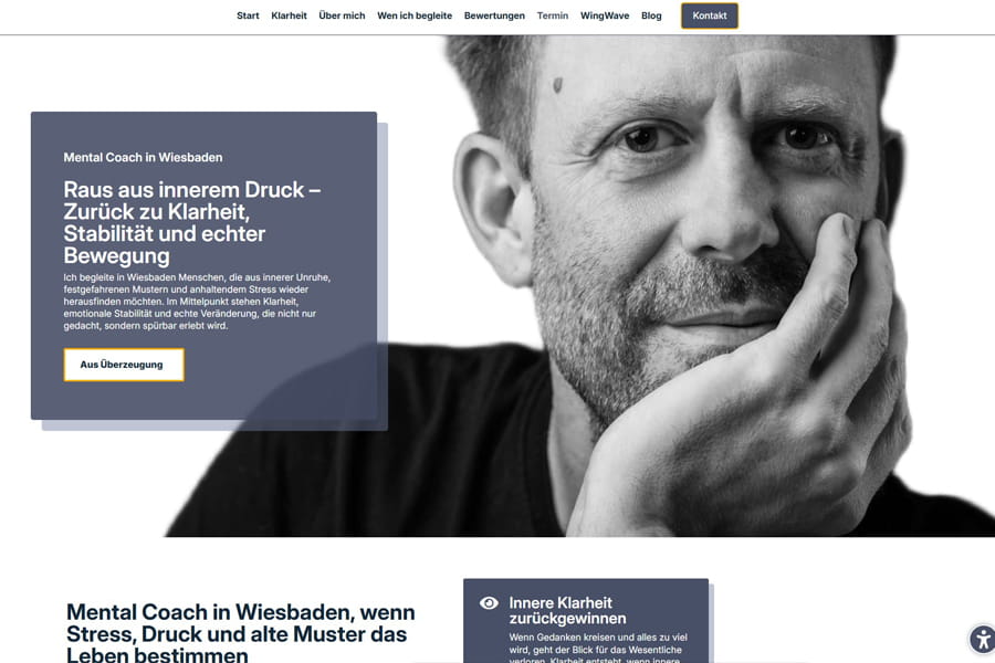 Screenshot der Mental Coach Wiesbaden Webseite als Referenz für einen persönlichen Onepager mit regionaler SEO Ausrichtung