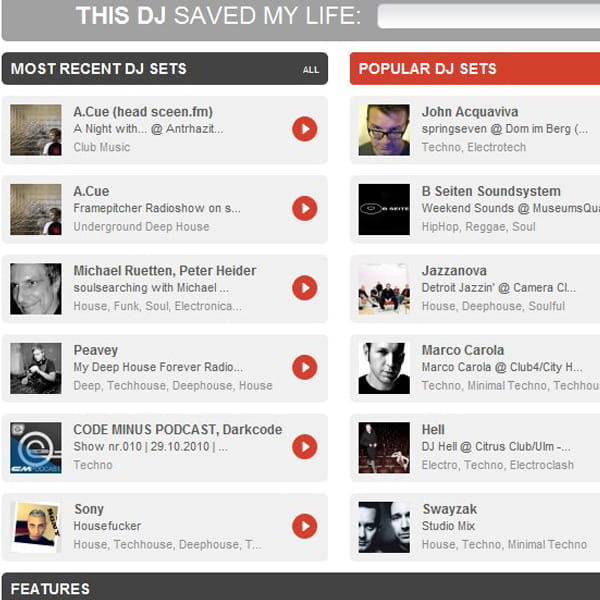 A.Cue mit sceen.fm DJ-Sets auf play.fm Historischer Screenshot von play.fm mit DJ-Sets von A.Cue, dem späteren Künstlernamen von Sven Bullmann, sowie weiteren elektronischen Musikformaten