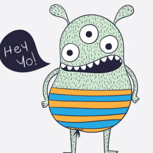 Grünes Comic-Monster mit drei Augen, gestreifter Kleidung und einer Sprechblase mit der Aufschrift „Hey Yo!“