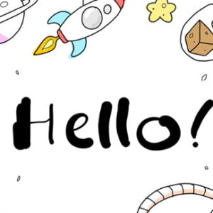 Schwarzer „Hello!“-Schriftzug, umgeben von gezeichneten Raketen, Planeten und kleinen Weltraummotiven