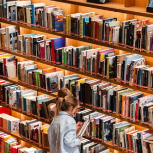 Eine Person liest ein Buch zwischen dicht gefüllten Bücherregalen einer Bibliothek