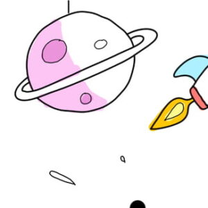 Handgezeichnete Weltraumillustration mit einem rosa Planeten, Planetenring und angeschnittenem Flugobjekt