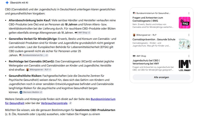 Google KI-Übersicht zu CBD und Jugendschutz mit dem redaktionellen 4MY Fachartikel als angezeigter Quelle