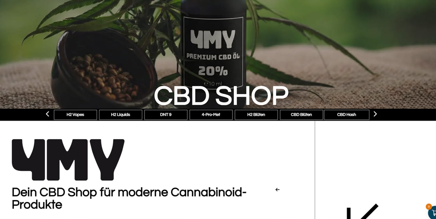 Startseite des 4MY CBD Shops mit CBD-Ölflasche, Hero-Überschrift, Produktkategorien und großem Markenlogo