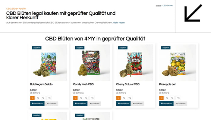 WooCommerce Produktübersicht von 4MY mit CBD Blüten, Produktpreisen, Gramm-Auswahl und Warenkorb-Buttons
